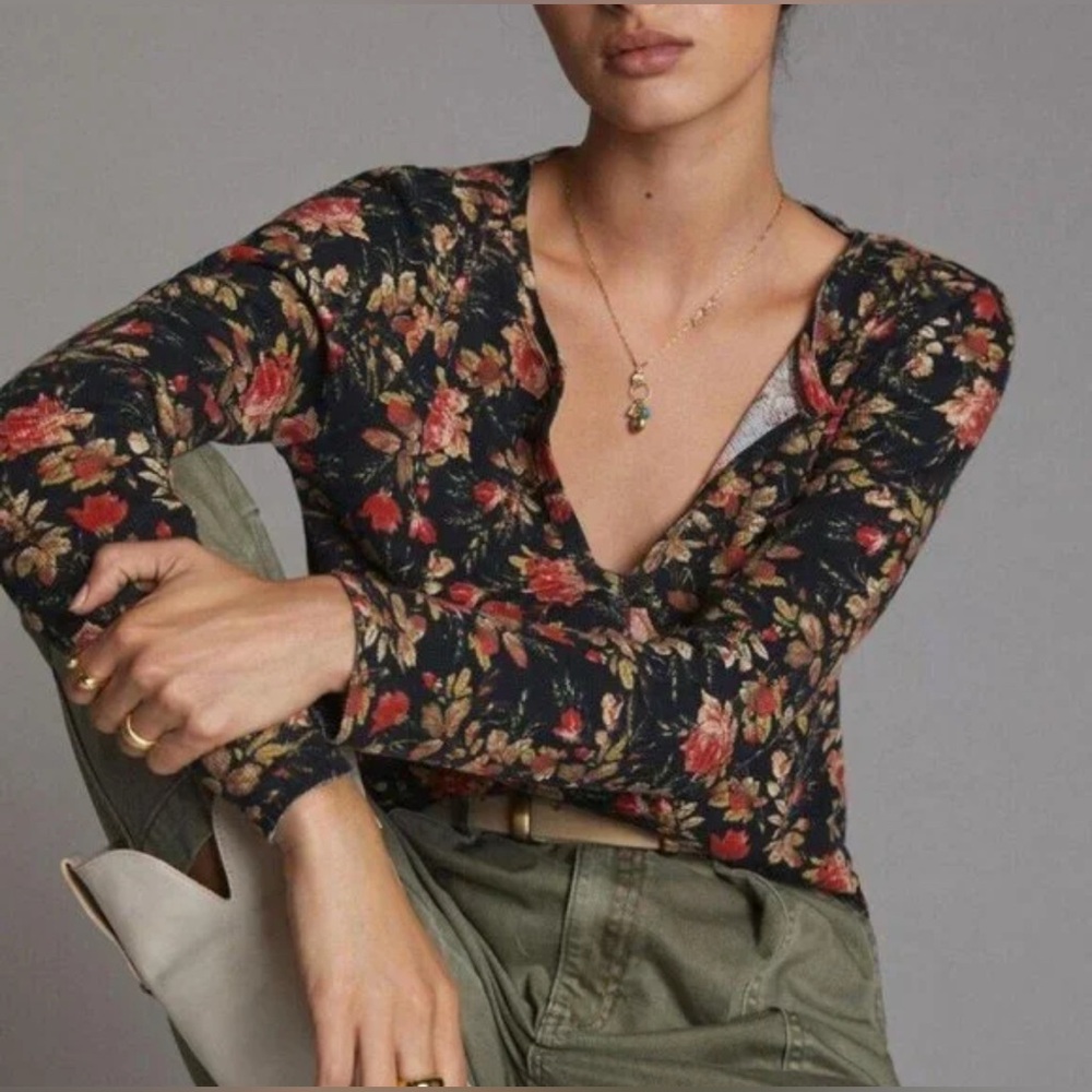 Anthropologie Black and Red Floral Long Sleeve Top